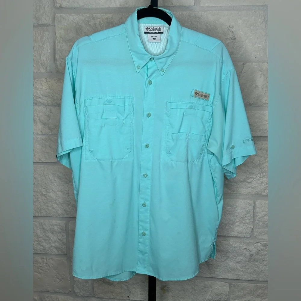 Columbia Shirt Sleeve Button Down Size Medium Fishing Shirt Mens Mint Green
